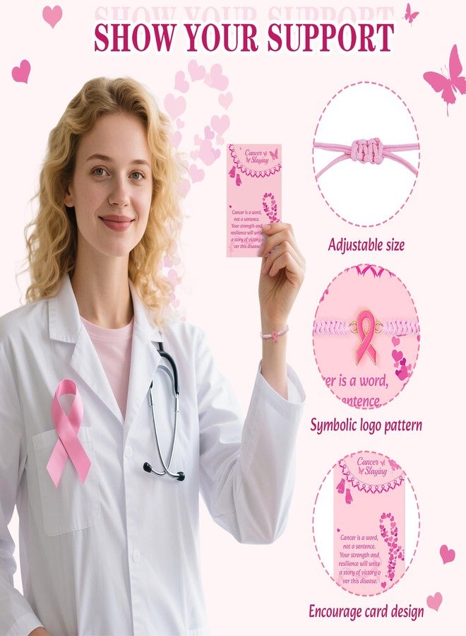 LUYI 24 Set Breast Cancer Awareness Bracelets with Card Adjustable Cord Pink Ribbon Braided Bracelets Breast Cancer Awareness Accessories Party Favors Items Gifts for Women - Image 3